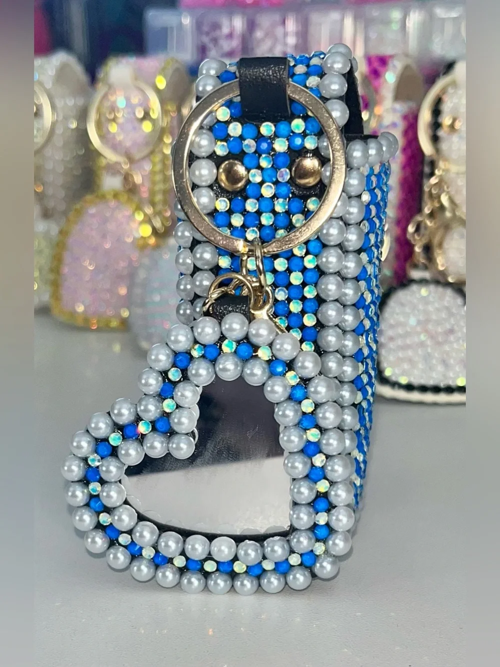 Hand Crafted Ocean Breeze Crystal Lipstick Case and Mirror Keychain